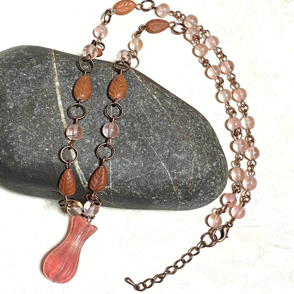 Cherry Quartz Flower Bud & Red Jasper Long Necklace, Gemstone + Copper Links